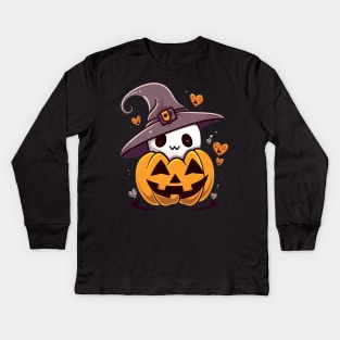 Lovely Ghost in a Pumpkin with witch hat Kids Long Sleeve T-Shirt